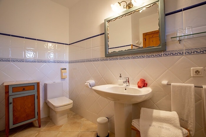 een badkamer met een toilet en een wastafel en een spiegel