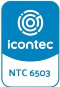 Un logotipo vertical azul y blanco muestra las palabras "icontec" y "NTC 6503" con un símbolo circular en la parte superior.