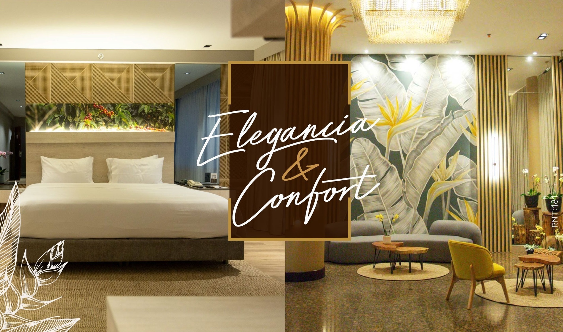 una habitación con una cama y un cartel que dice elegancia y confort