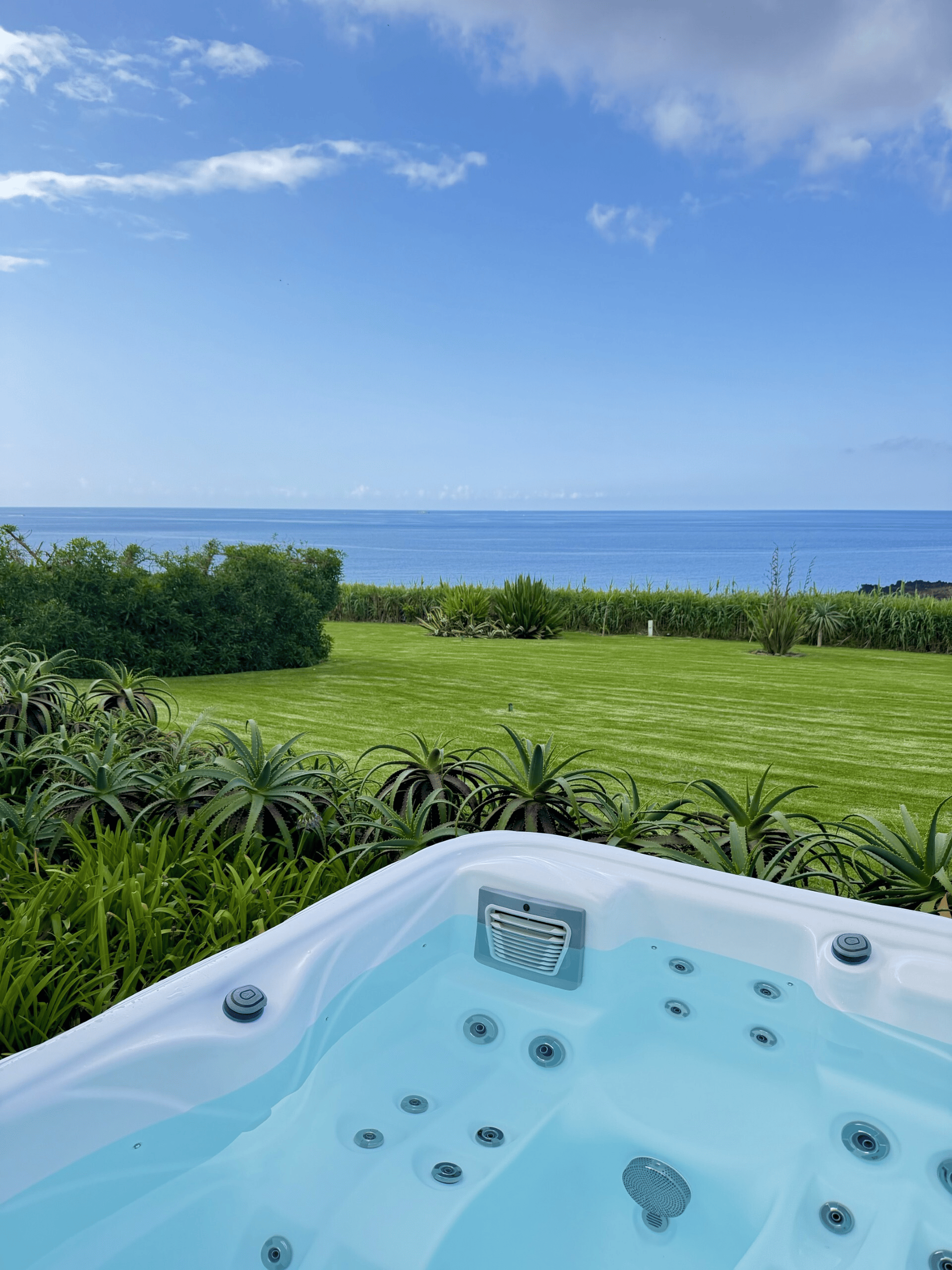 Jacuzzi no Sul Villas & Spa com vista para o mar e colinas verdes.