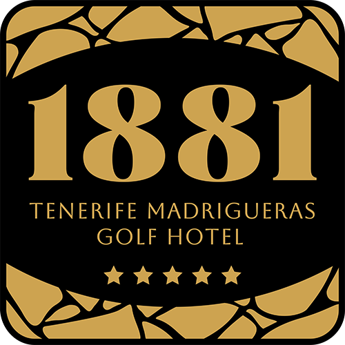 A black and gold logo features the large numbers "1881" above the text "TENERIFE MADRIGUERAS GOLF HOTEL" and five stars, all framed by abstract, organic golden shapes.