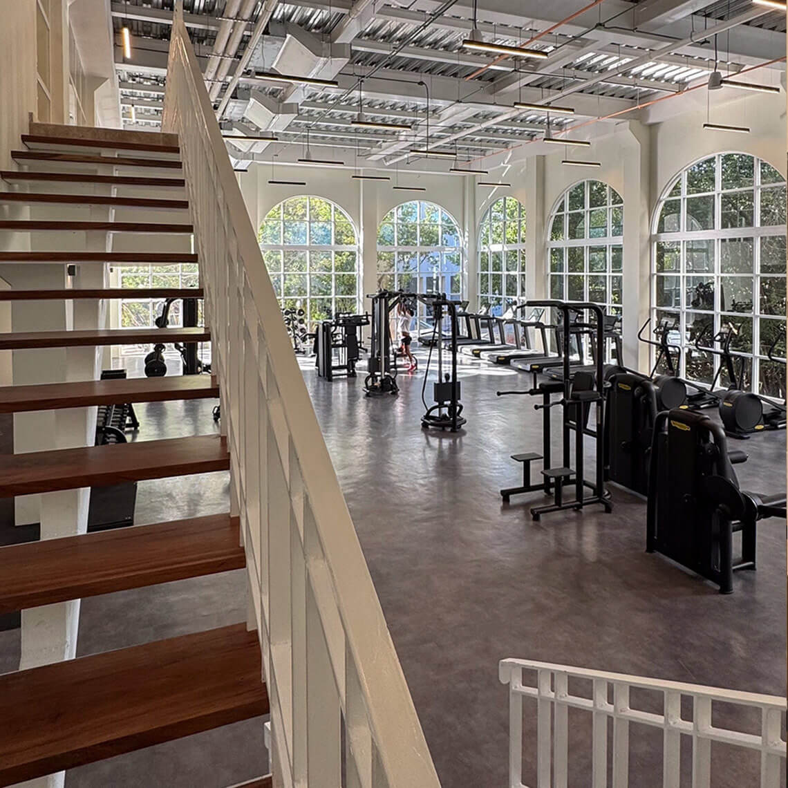 Modern gym at Hacienda Tres Rios | Official Page, featuring treadmills, weight machines, and large arched windows.