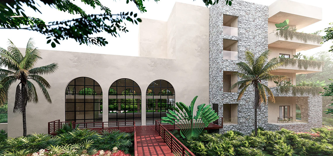 Modern hacienda hotel with stone accents and lush tropical foliage. Hacienda Tres Rios.
