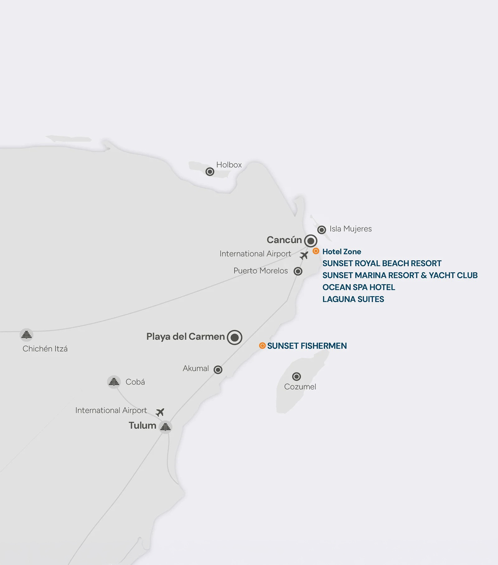 Map showing Sunset World Resorts locations: Cancun, Riviera Maya, Isla Mujeres, Cozumel.