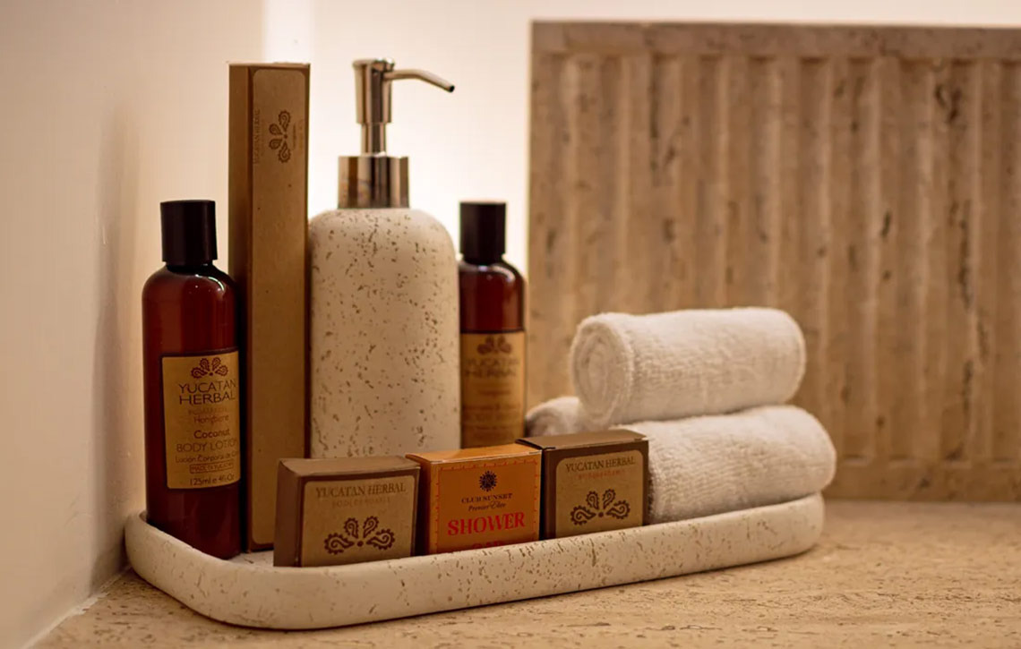 Hacienda Tres Rios: Yucatan Herbal toiletries, lotions, soaps, and towels.