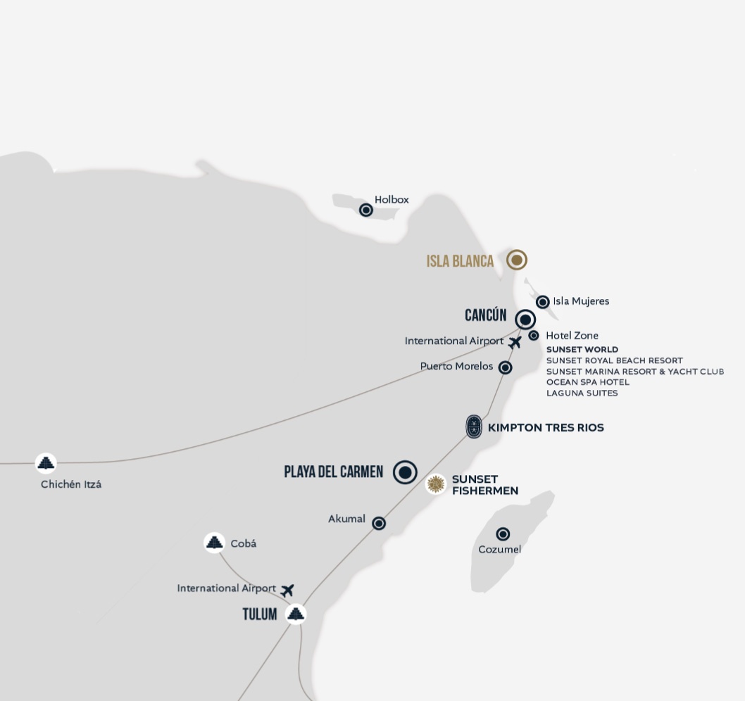 Mapa de resorts Sunset World: Cancún, Playa del Carmen, Tulum y más.