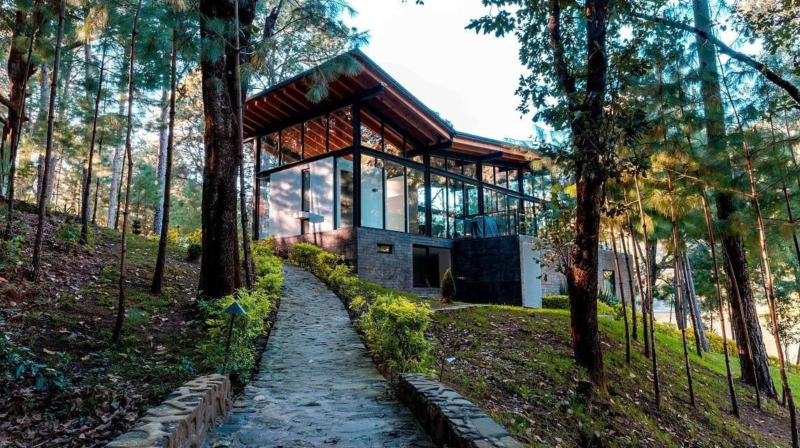 a large swimming pool surrounded by palm trees and buildings