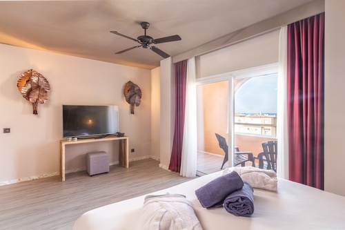 una habitación con un televisor y un ventilador de techo