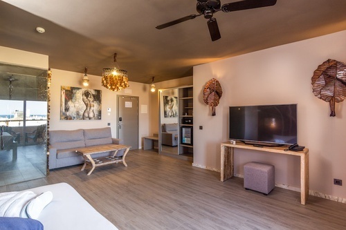 una sala de estar con un sofá y una televisión