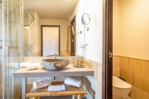 un baño con un lavabo de piedra y un inodoro