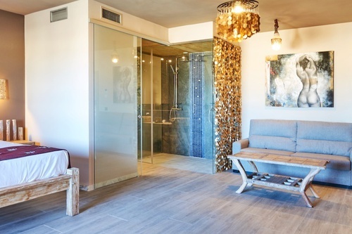 una habitación con una cama y un sofá junto a un baño