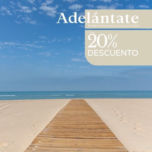 an advertisement for a 20 % descuento shows a wooden walkway leading to the ocean