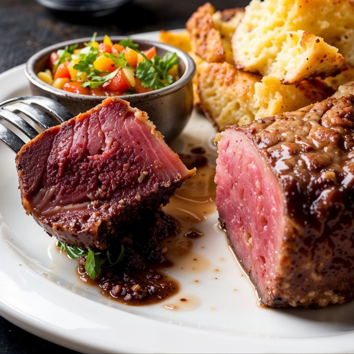 Filete jugoso servido con ensalada y patatas en Tequendama: Corporativa.