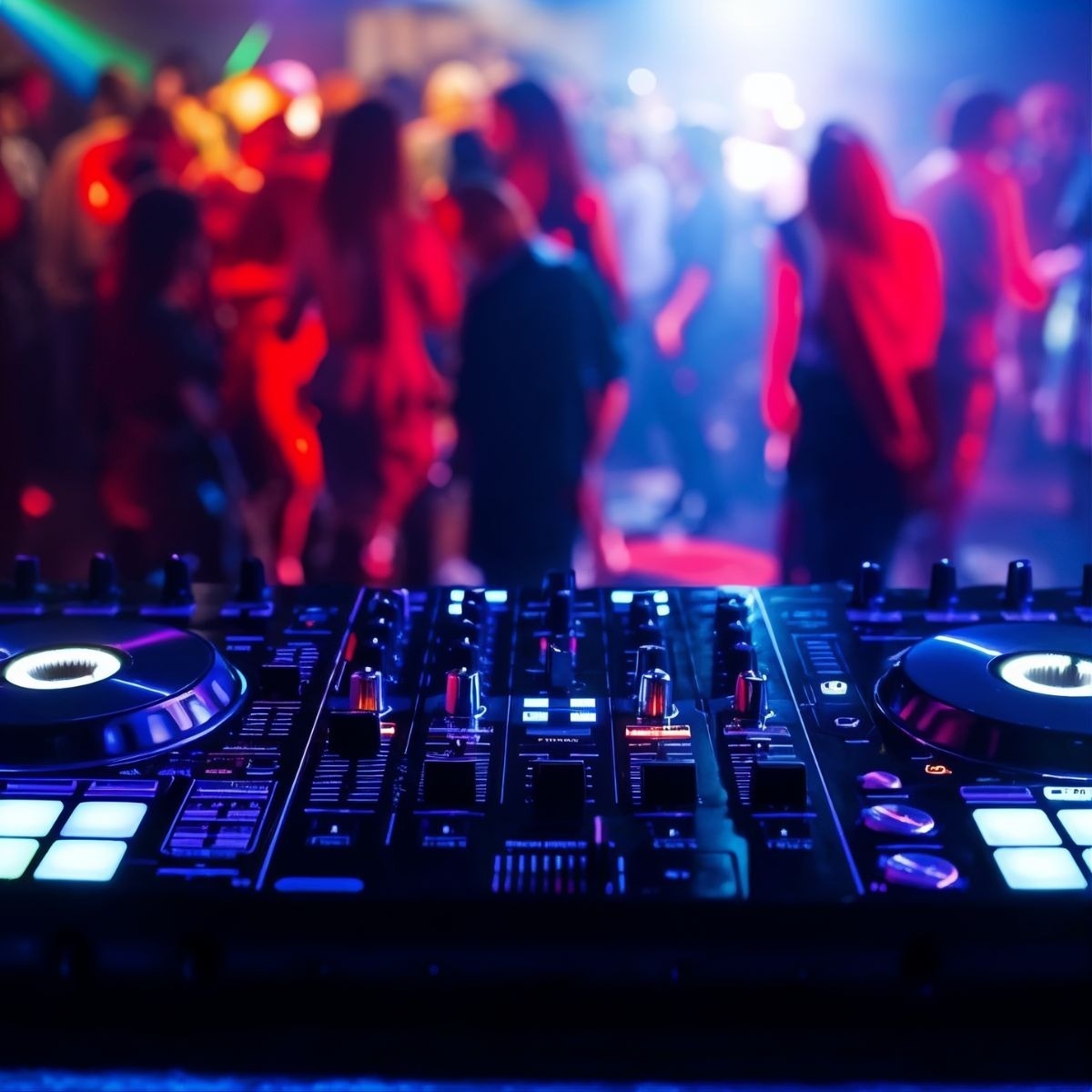 Live DJ at Tequendama: Corporativa, festive atmosphere with lights and dancing crowd.