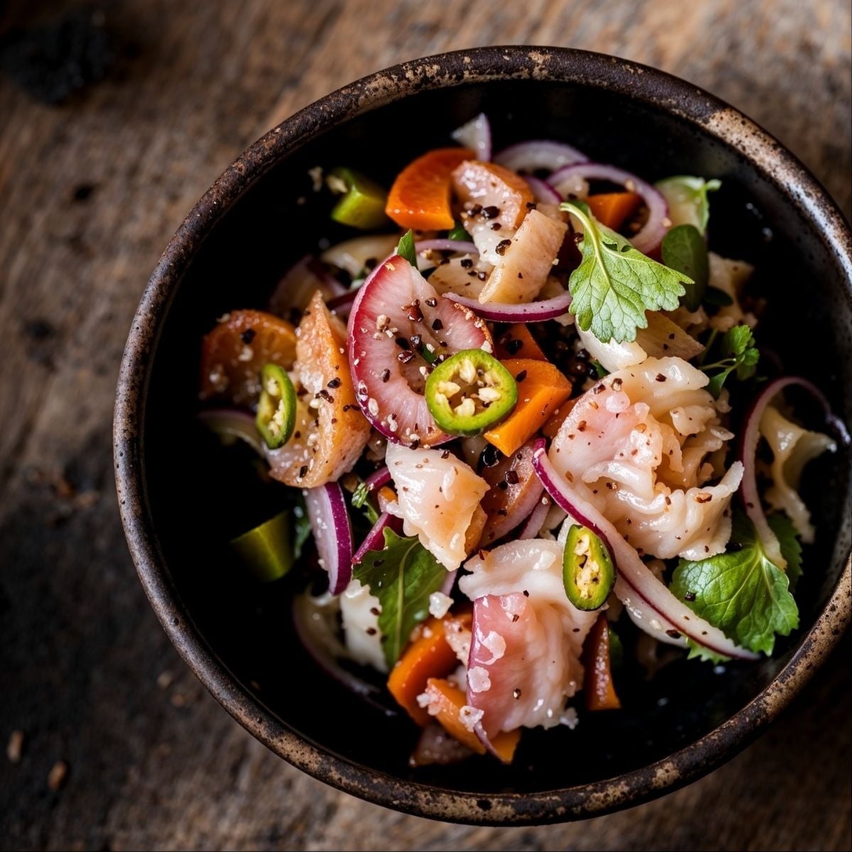 Ceviche de pescado fresco con jalapeños y cilantro, ideal para eventos corporativos Tequendama.