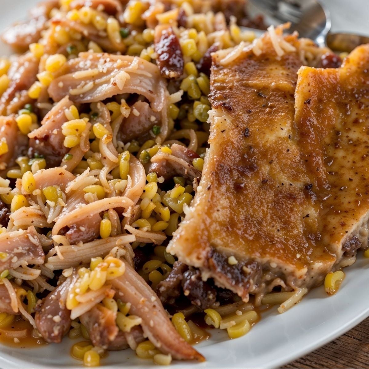 Plato de pasta con pollo y maíz, servido con una costra crujiente, ideal para Tequendama: Corporativa.