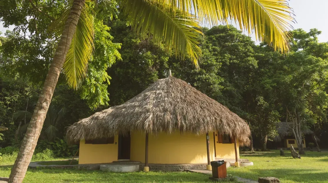 Cabañas & Aluna Tequendama: Yellow thatched-roof bungalow in Tayrona Park.