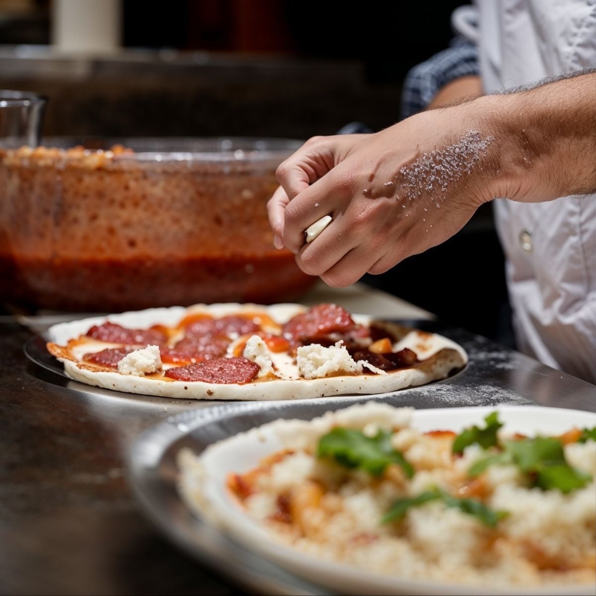 Chef Tiquendama: Corporativa agregando queso a pizza artesanal.