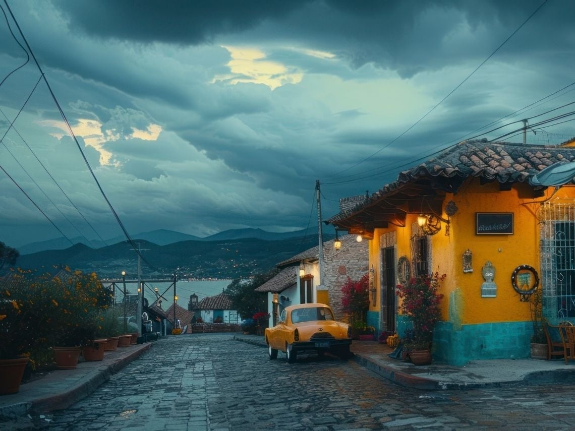Hotels in Villavicencio: Bright yellow building with cobblestone street & mountains.
