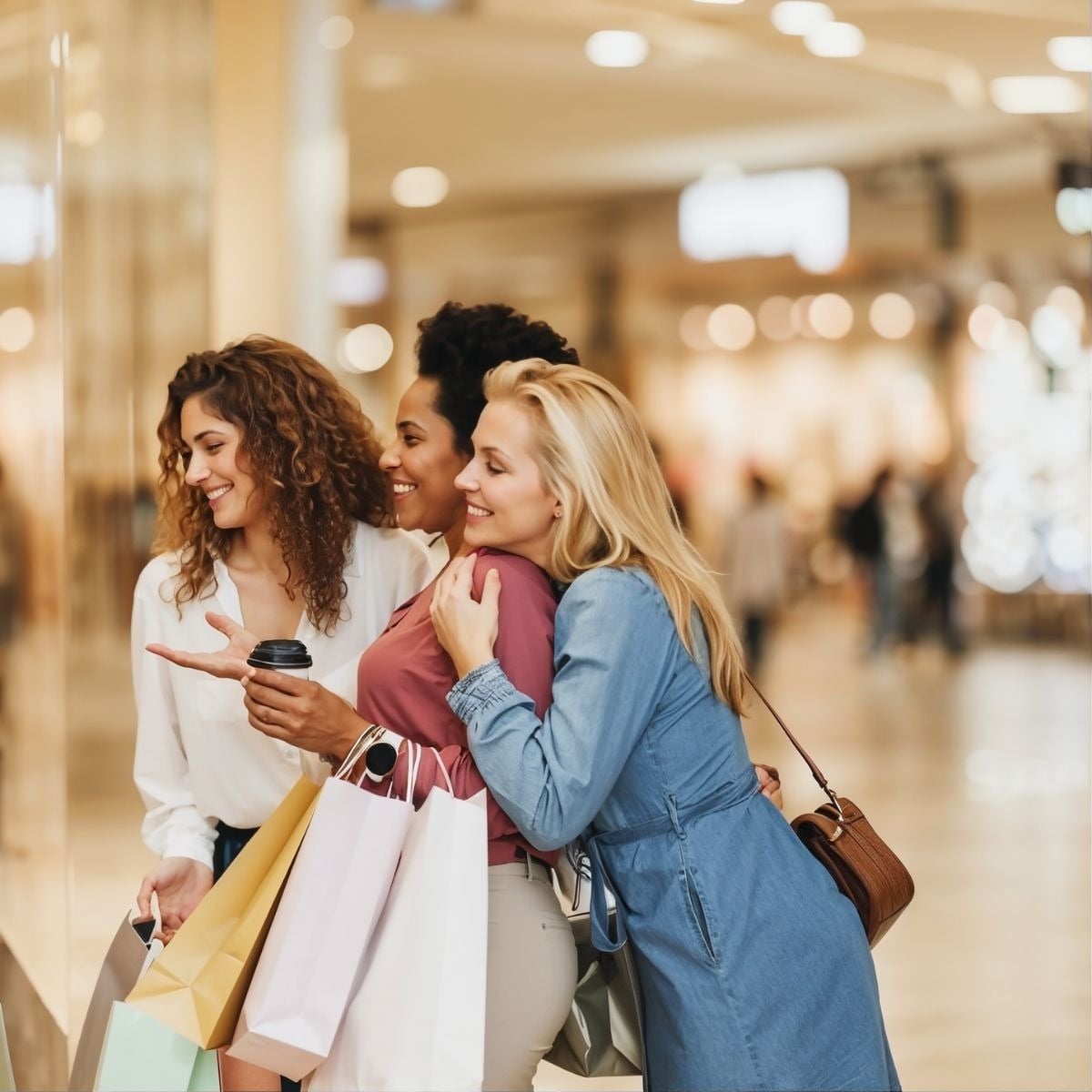 Tequendama Corporativa: three friends shopping at a mall.