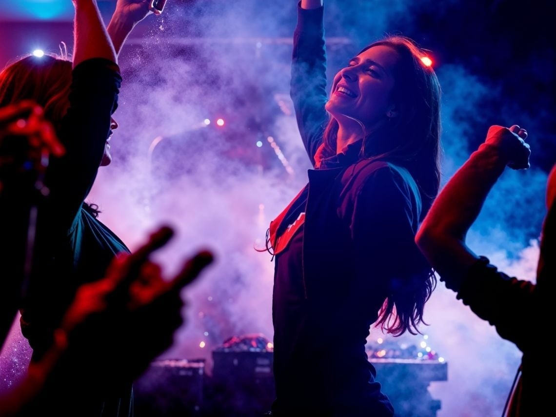 Hotel Tequendama: Corporativa, jóvenes bailando en fiesta con luces de neón y humo.