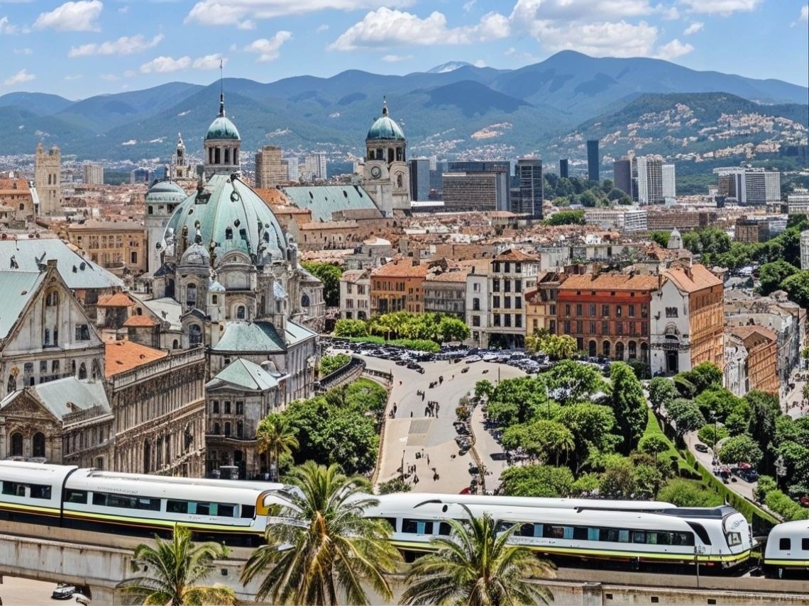 Modern train in a city with domes and mountains. Hotels in Medellin | Tequendama Hotels | Official Web.