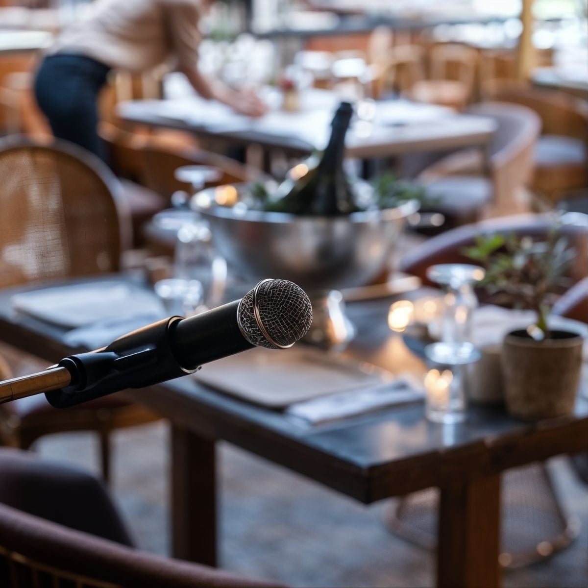 Microphone ready for Tequendama corporate event in cozy hotel lounge.