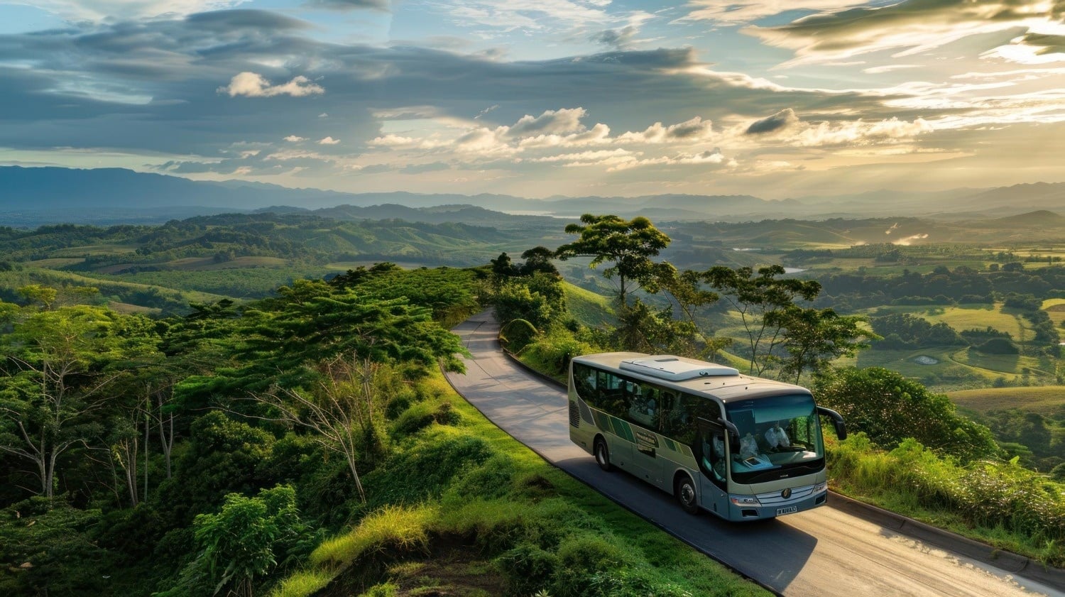 Autobús turístico en Tequendama: Corporativa, viajando por paisajes verdes.