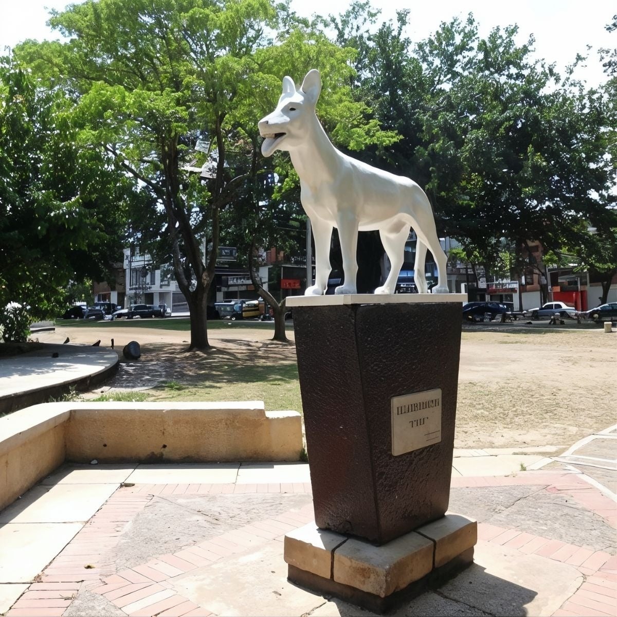 Tequendama: Corporativa | White dog sculpture on a commemorative pedestal.
