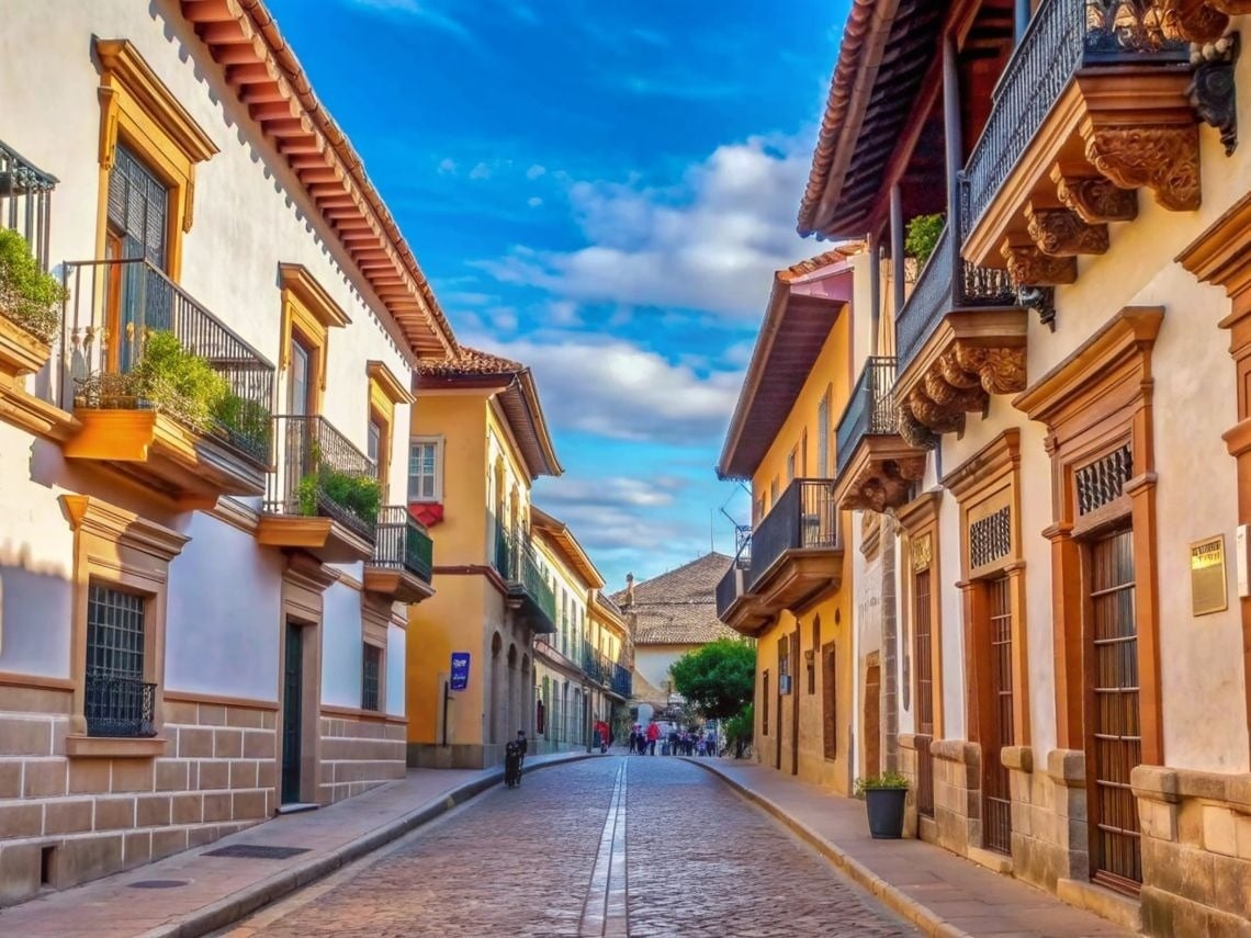 Calle colonial con balcones floridos, ideal para explorar Tequendama Hoteles en Cartagena.