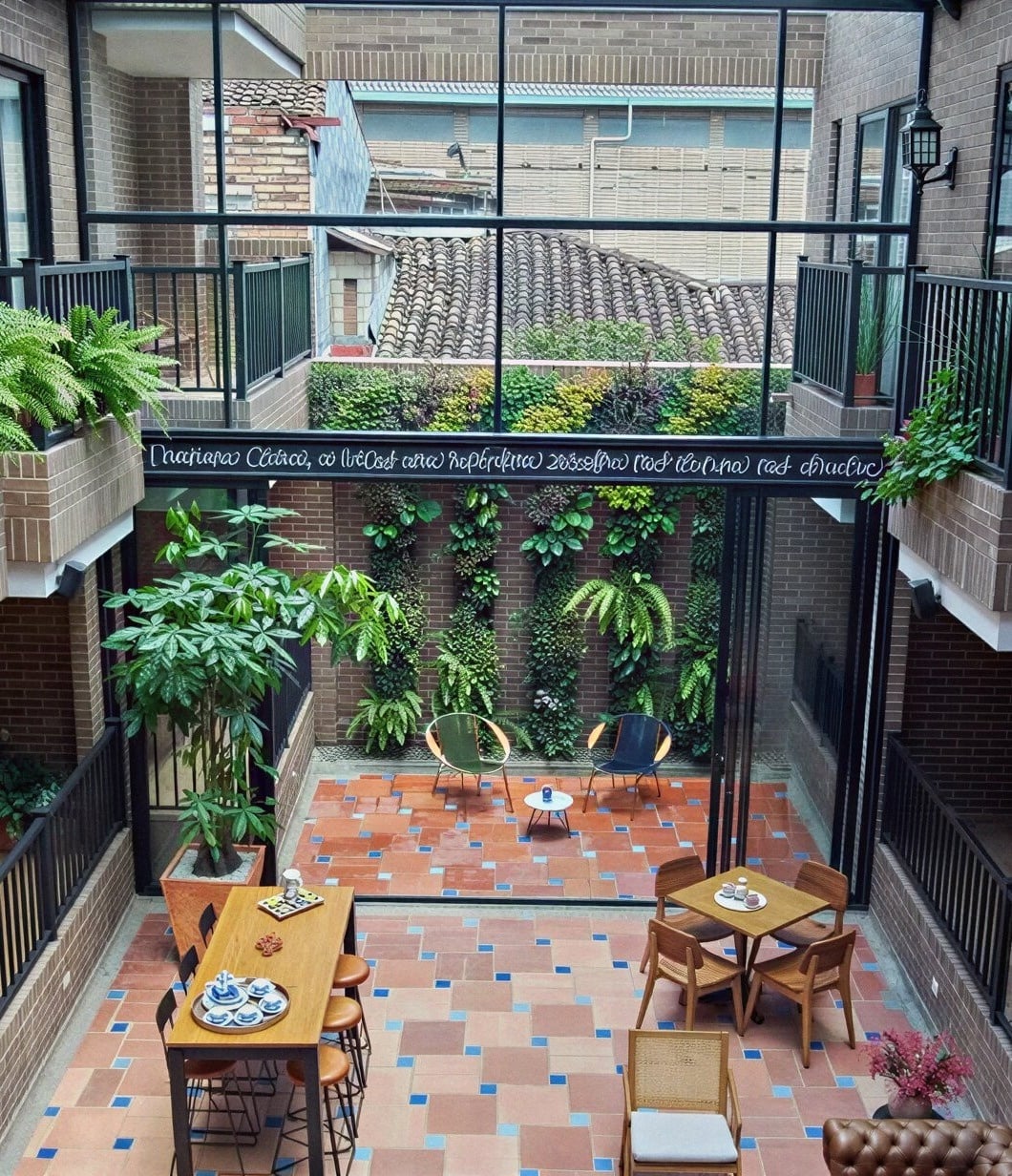 Patio interior de Casa Rosé Hotel con plantas, mesas y sillas. ¡Reserva tu estancia!