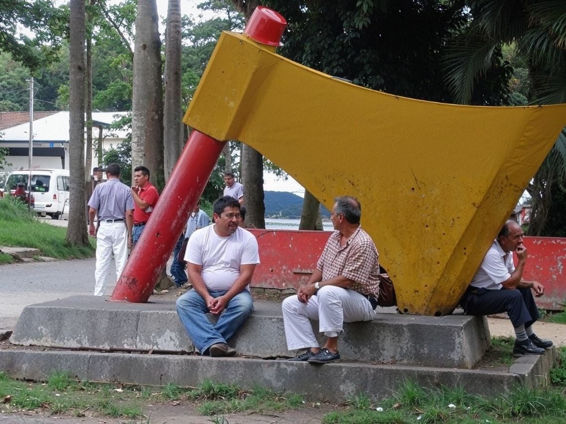 Tequendama: Corporativa - Hombres observan escultura de hacha gigante en zona exterior.