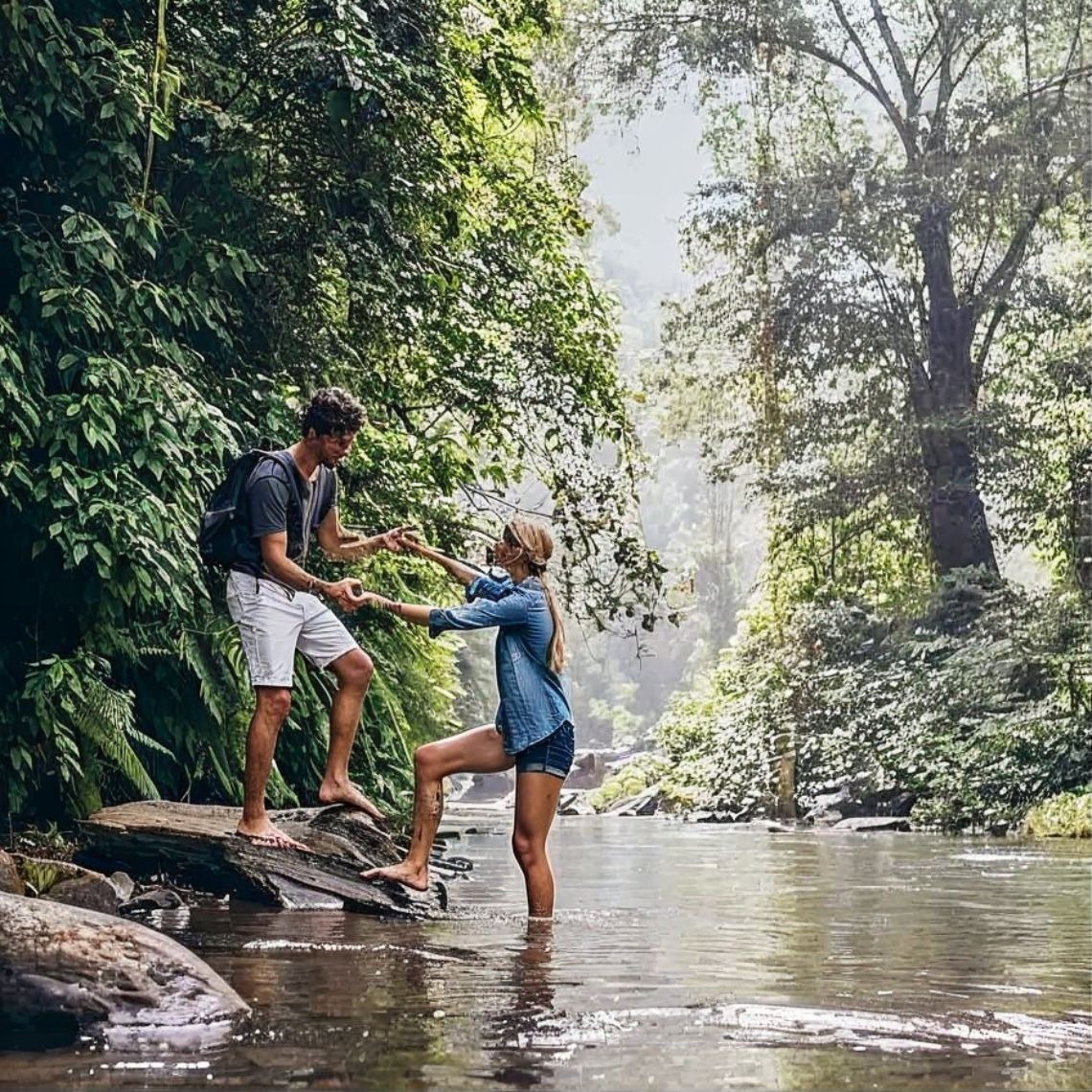 Pareja en río, ayuda mutua. Ideal Tequendama: Corporativa, aventura y relax.