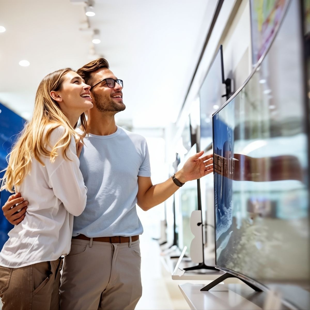 Smiling couple at Tequendama: Corporativa, looking at modern TVs.
