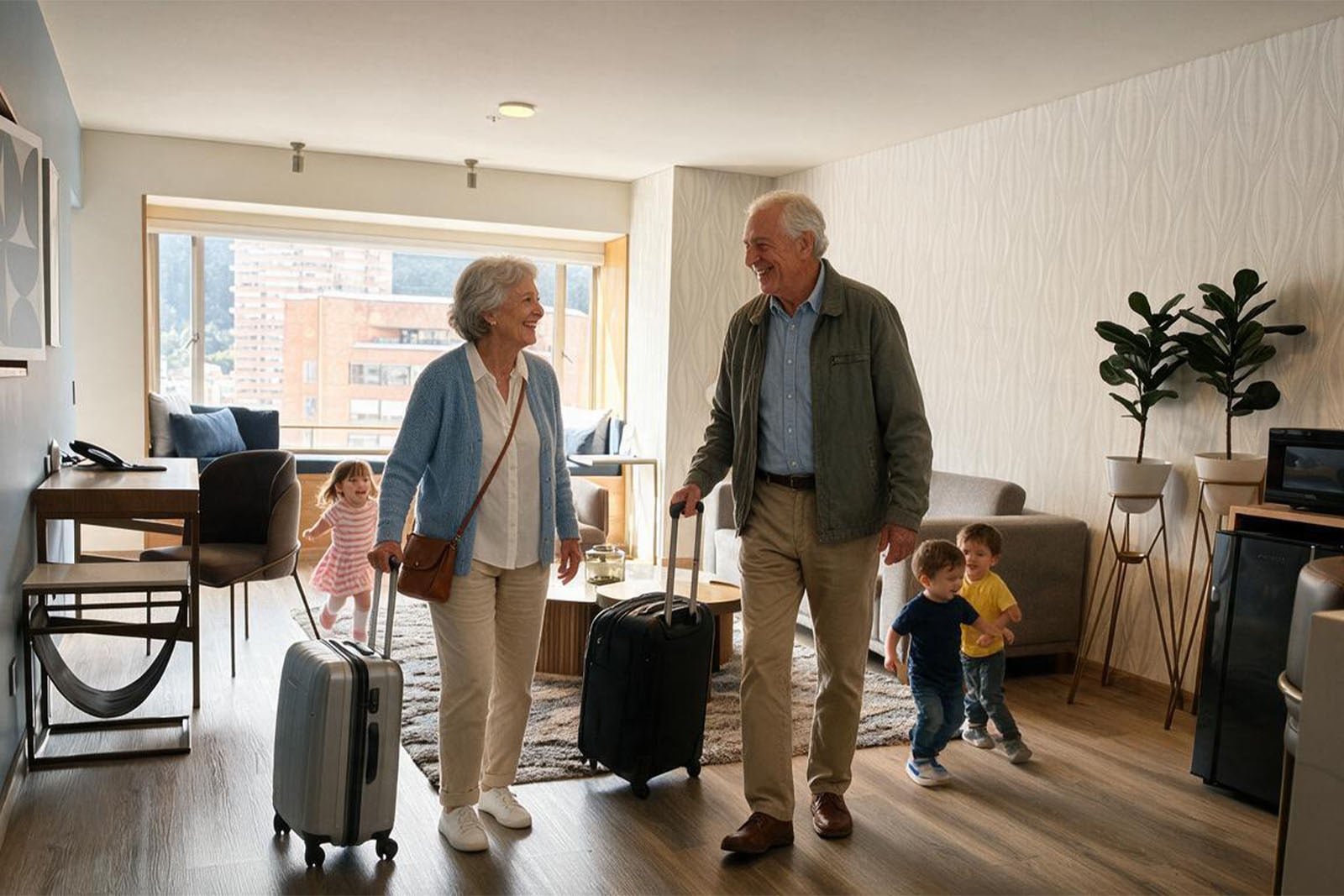 Familia en hotel, abuelos y niños con maletas, disfrutando su Tequendama: Corporativa.