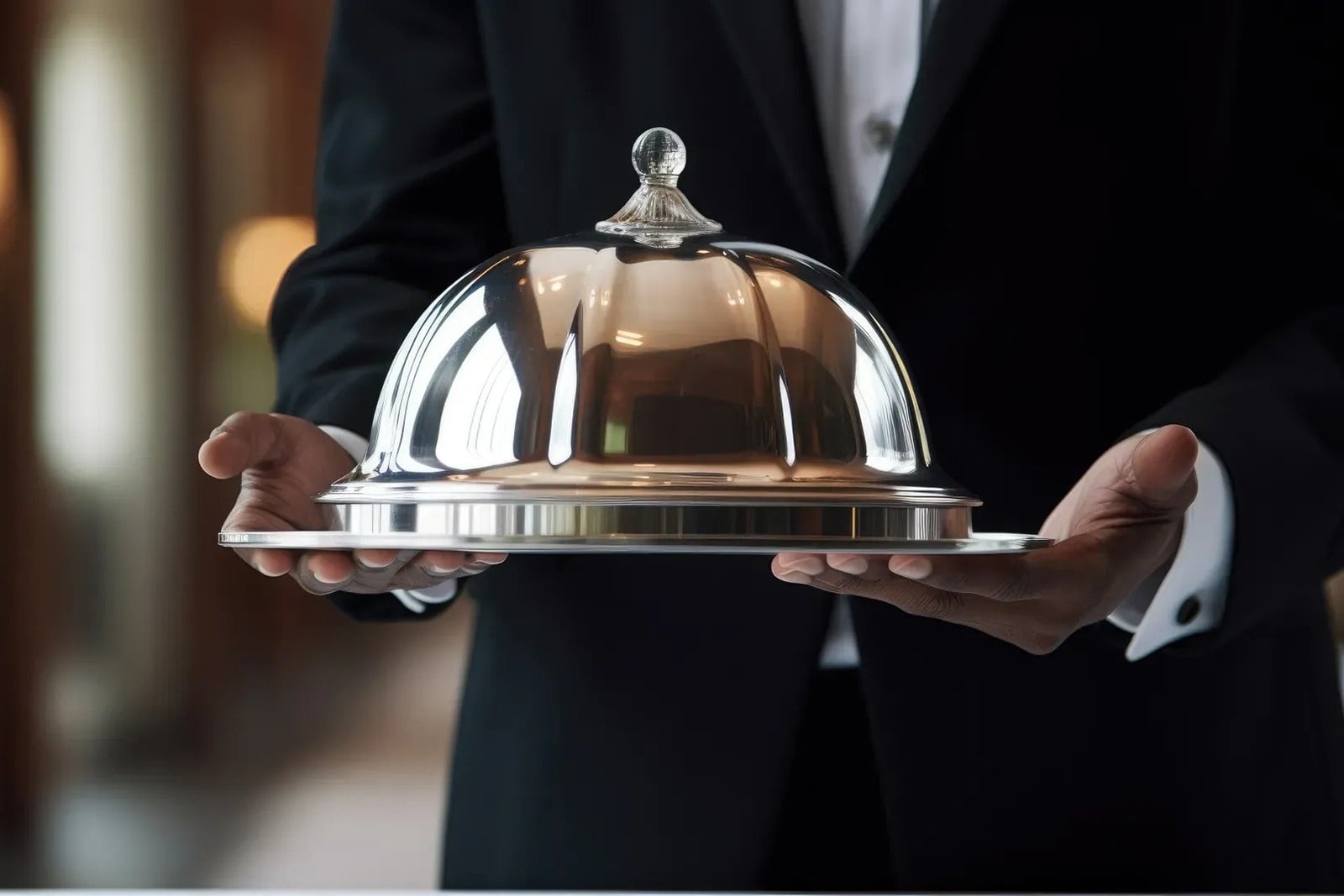 Servicio Tequendama: Corporativa con cloche metálico y traje de etiqueta.