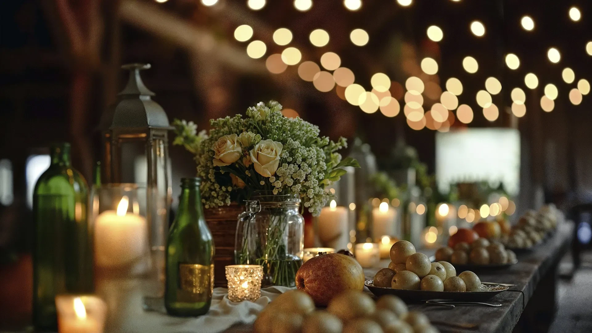 Elegant table setting with candles, flowers, and fruit. Ideal for Events & Conventions at Tequendama Hotels.