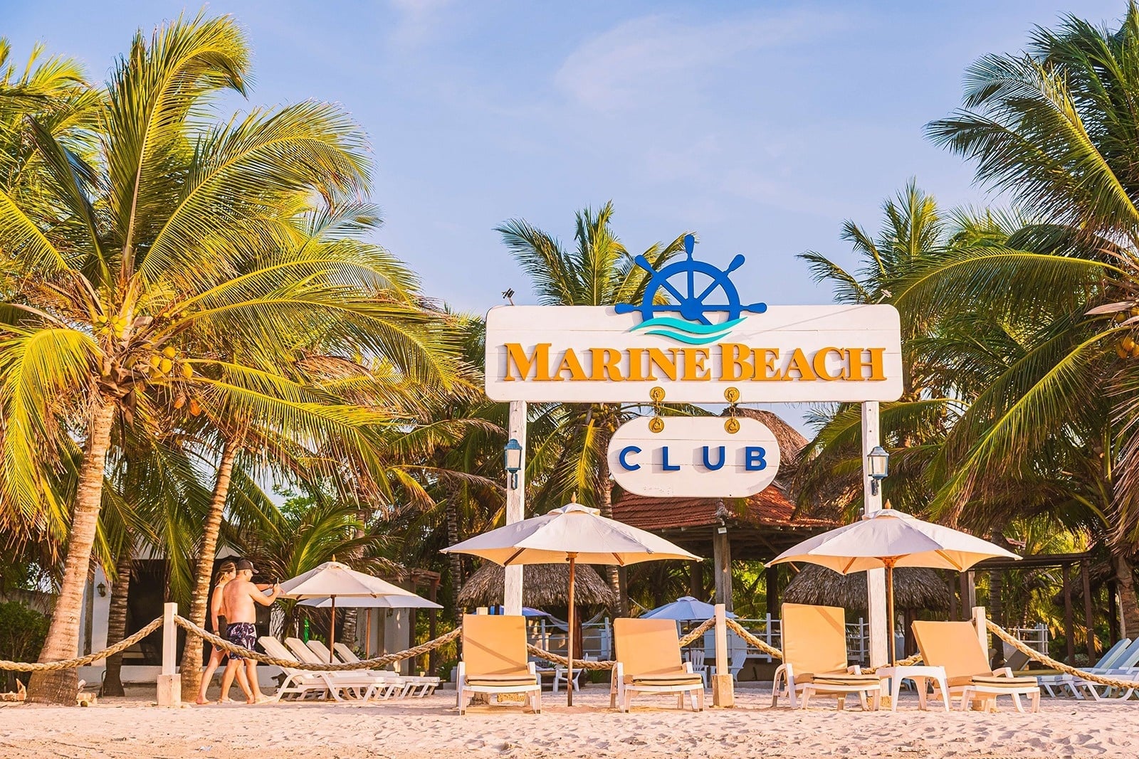 Club Marine Beach Tequendama: Relájate en sillas de playa bajo palmeras junto al mar.