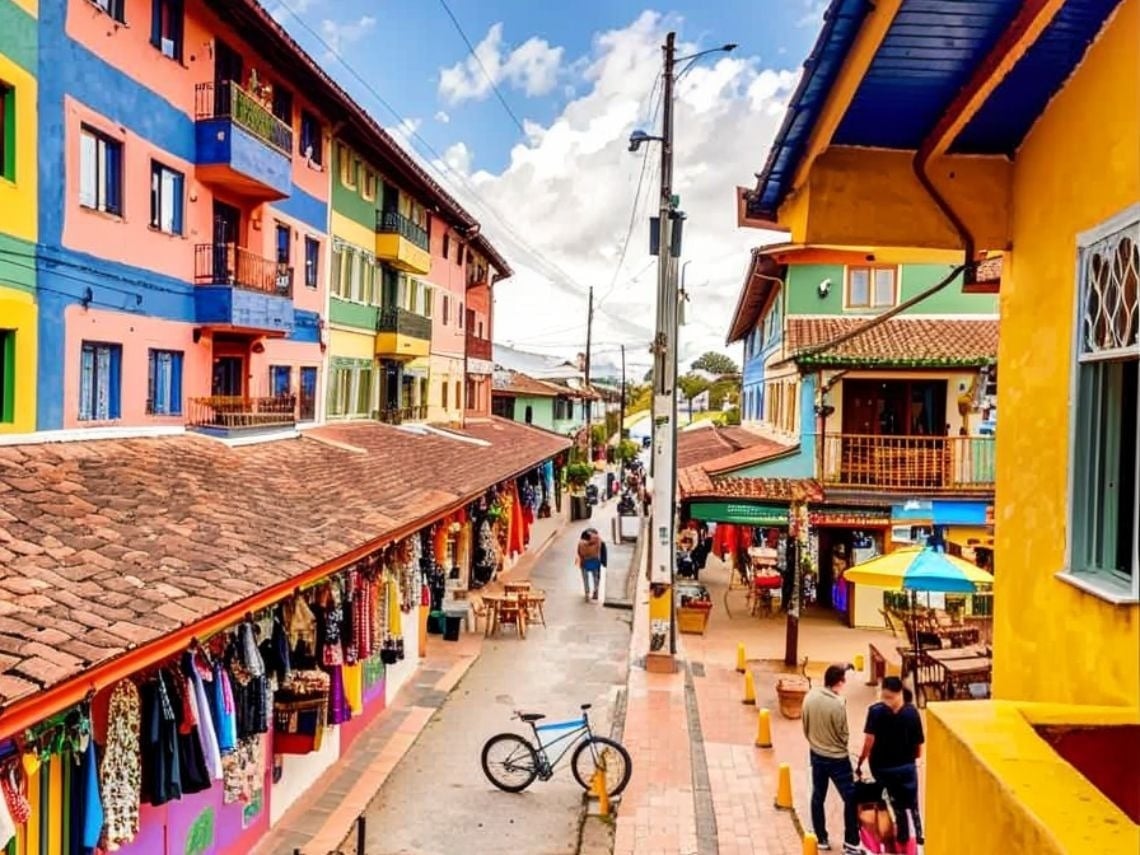 Calle vibrante en Tequendama: Corporativa, con tiendas y balcones coloridos.