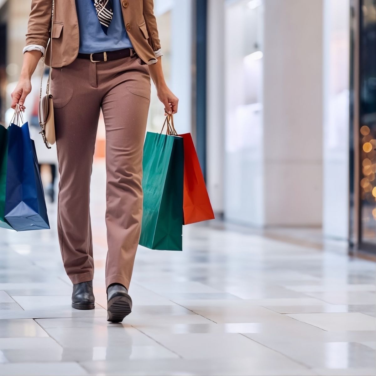 Tequendama: Corporate: Woman with shopping bags in hotel hallway.