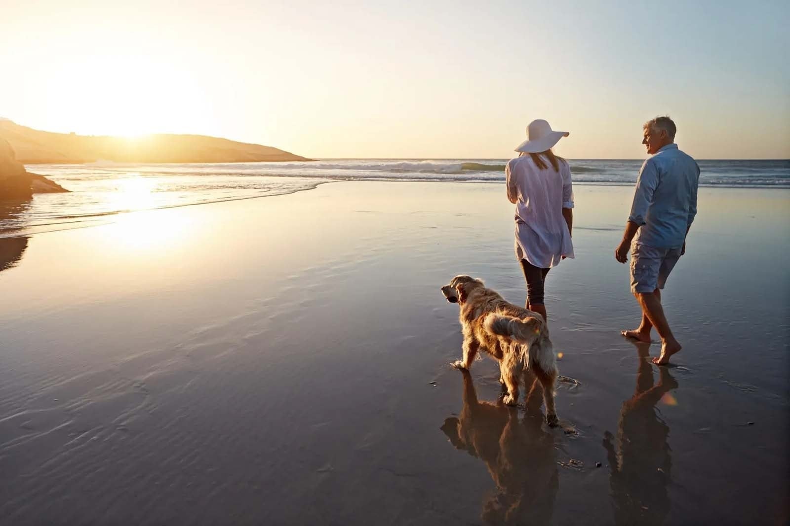 Pareja y perro pasean por playa al atardecer, Tequendama Corporativa.