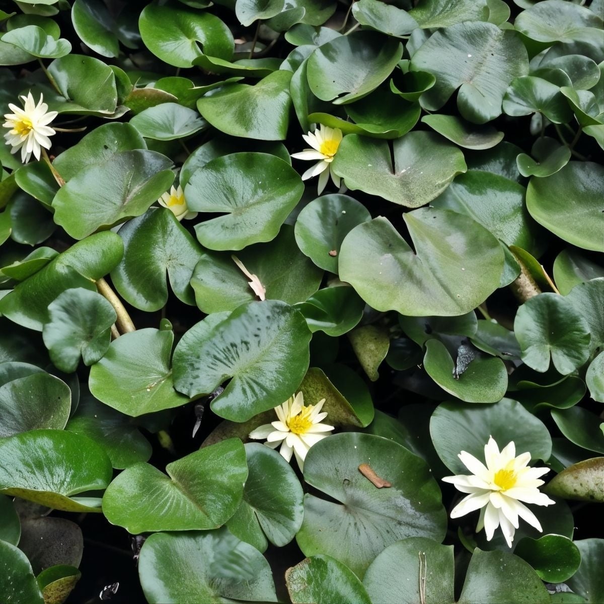 Tequendama: Corporativa, white water lilies floating in a pond.
