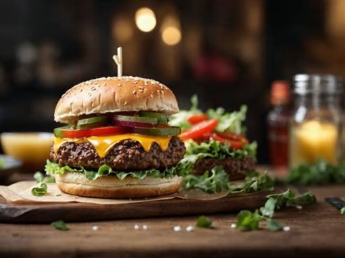 Hamburguesa gourmet con queso derretido y verduras frescas, ideal para una pausa corporativa en Tequendama.