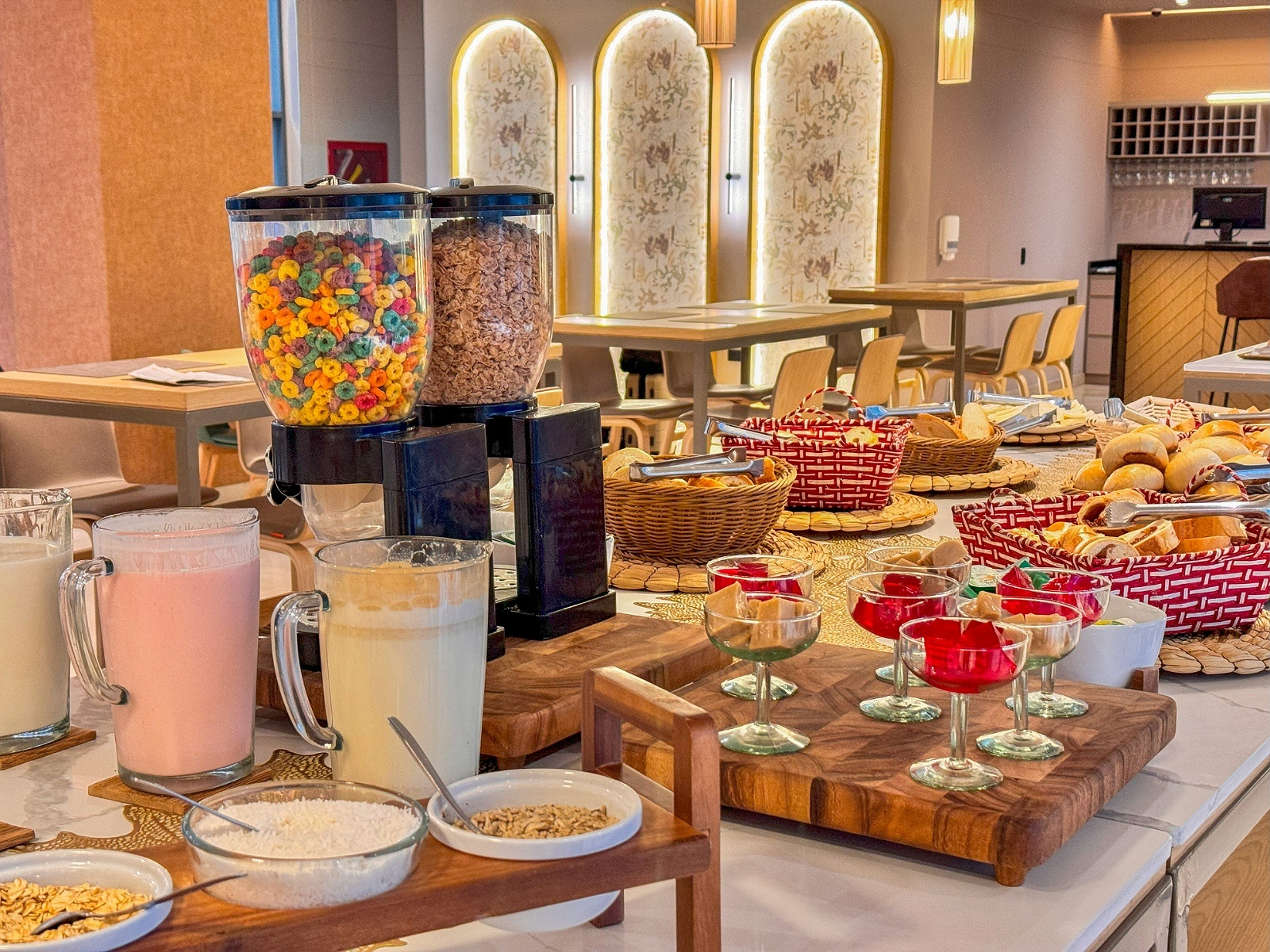 Tequendama: Corporativa breakfast buffet with cereals, juices, and pastries.