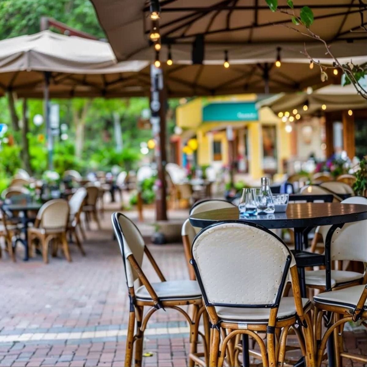Terraza Tequendama: Mesas y sillas al aire libre, ideal para eventos corporativos.