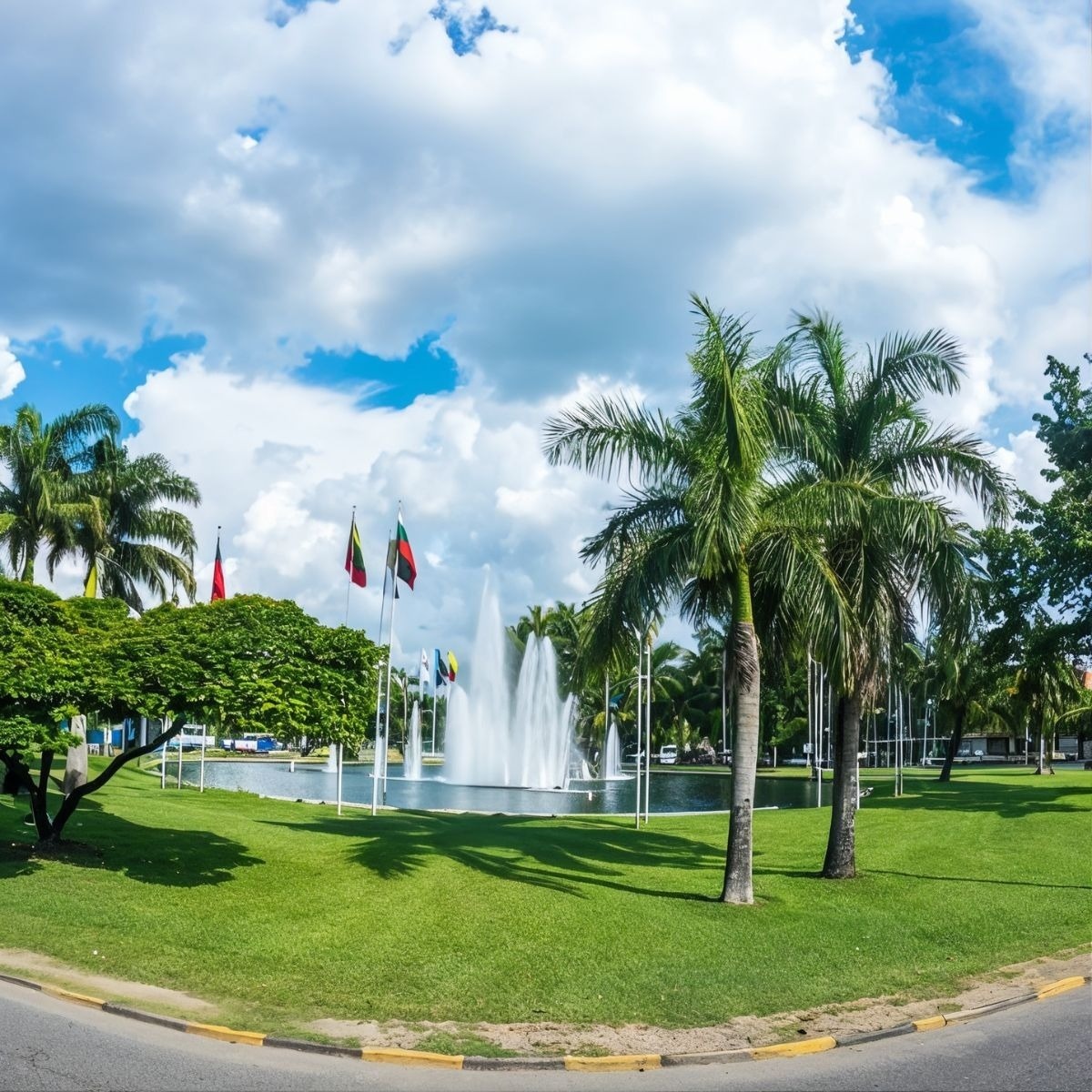 Iconic Tequendama: Corporativa fountain with palm trees and flags, perfect for events.