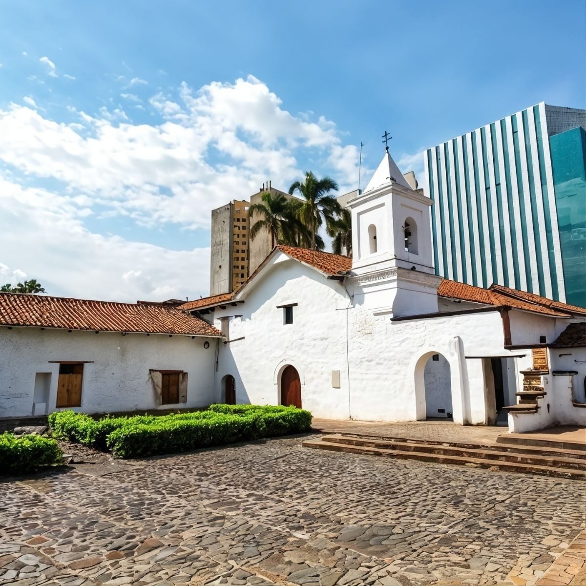 Tequendama: Corporativa, historic white church next to modern buildings.