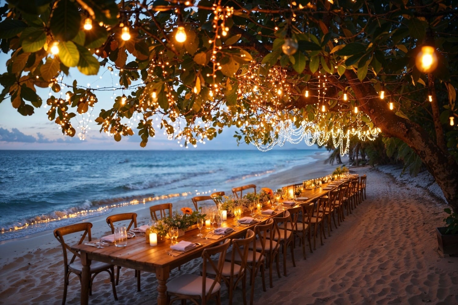 Lujosa cena en la playa con luces cálidas, ideal para eventos corporativos Tequendama.