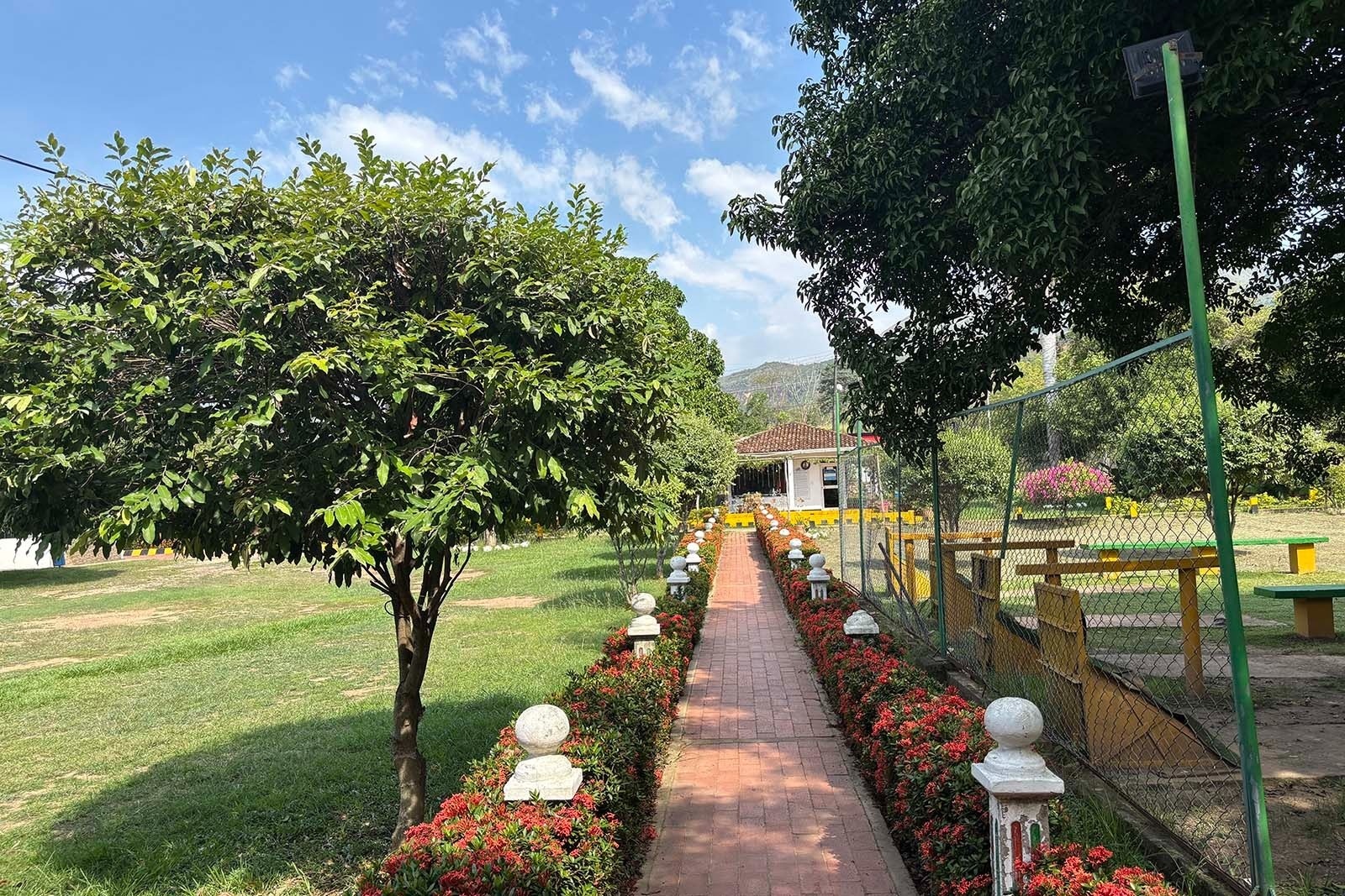Hotel Mirador de Sumapaz: sendero floral a cabañas rodeadas de naturaleza y montañas.