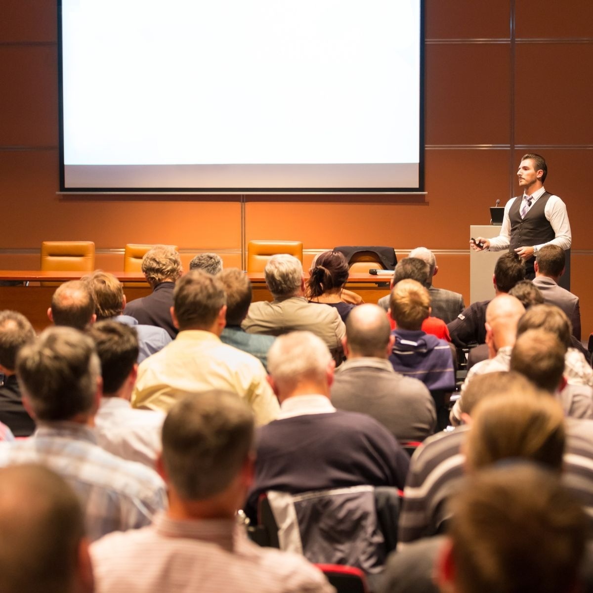 Corporate presentation at Tequendama Hotel, modern and elegant auditorium.